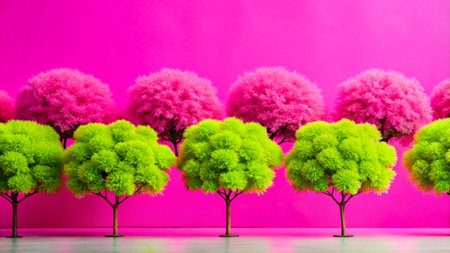 Row of green and pink trees against a pink background.の素材