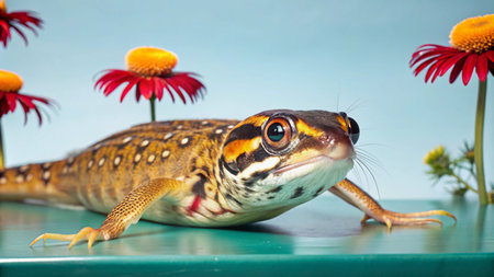A small lizard with brown, black, and white spots and orange eyes, lying on a turquoise surface with red and orange flowers behind it against a light blue background.の素材
