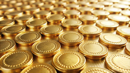 Close-up of shiny gold coins arranged in a grid pattern.の素材