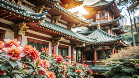 Traditional Chinese temple with blooming flowers in the foreground.の素材