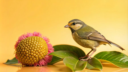 A small green bird perches on a green leaf next to a yellow and pink flower on a yellow background.の素材