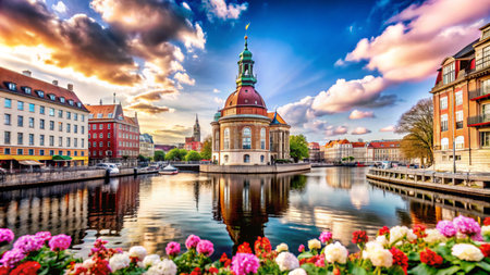 A picturesque view of a historic building with a canal and colorful flowers in the foreground during a vibrant sunset.の素材