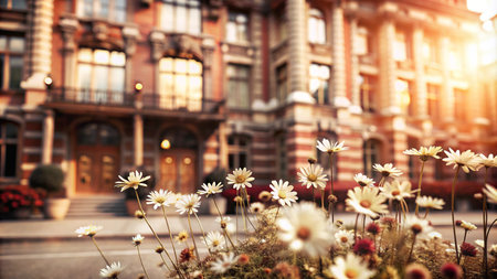 White daisies in the foreground with a grand building in the background.の素材