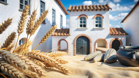 Wheat stalks and cobs in front of traditional white building.の素材