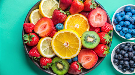 A plate of assorted fresh fruit, including strawberries, blueberries, kiwi, lemon, and orange slices.の素材