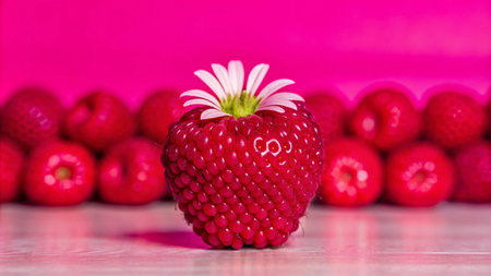 A single raspberry with a daisy blossom on top, surrounded by a row of raspberries on a white surface and pink background.の素材