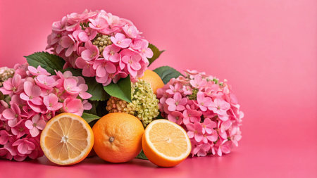 Pink hydrangeas and citrus fruit on a pink background.の素材