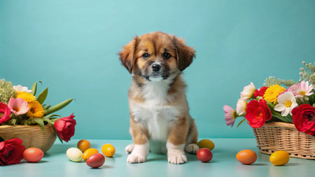 Adorable puppy sitting with easter eggs and flowers on a blue background.の素材