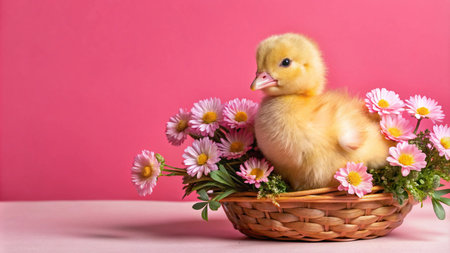 A fluffy yellow chick sits in a woven basket filled with pink flowers against a pink background.の素材