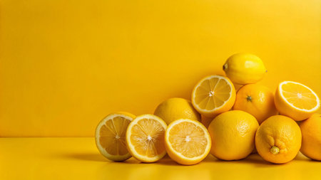 A group of lemons and lemon halves on a yellow surface with copy space.の素材