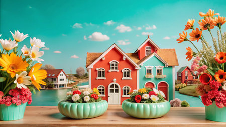 Colorful miniature houses with flower arrangements in front of a blue sky.の素材