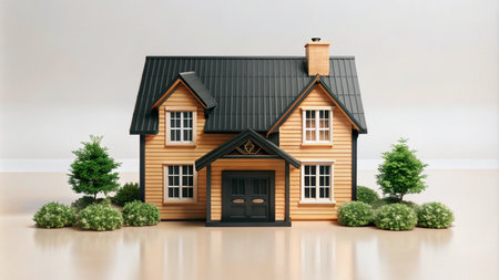 A miniature wooden house with black roof and a door, surrounded by green bushes and trees on a light wooden floor.の素材