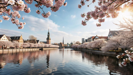 A picturesque cityscape with a river flowing through it, lined with cherry blossom trees in full bloom. The sun shines brightly in the background, casting a warm glow over the scene.の素材