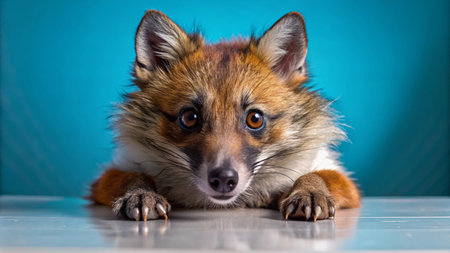 A curious fox with brown and white fur looking at the camera with big, brown eyes.の素材
