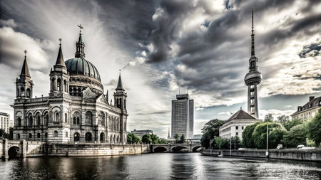 A view of the Berliner Dom, a church in Berlin, Germany, with the Fernsehturm (TV Tower) in the background.の素材