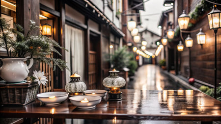 A narrow, cobblestone alleyway in a Japanese town with traditional lanterns and a wooden table in the foreground.の素材