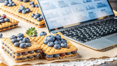 Delicious blueberry dessert and laptop on a rustic table.の素材