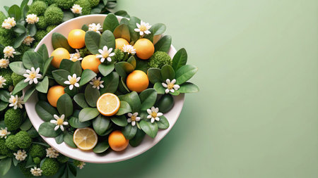 A white bowl overflowing with fresh lemons, leaves and blossoms on a green background.の素材