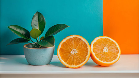 A small potted plant and two halves of an orange on a white shelf with a blue and orange background.の素材