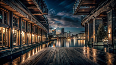 A wooden dock extends towards the city skyline, reflected in the calm water of a canal.の素材
