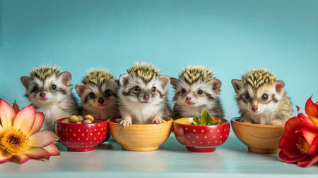 Four adorable baby hedgehogs sitting in bowls against a blue background.の素材