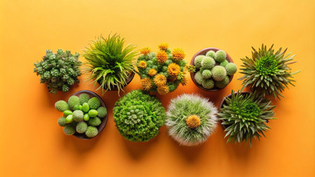 A row of potted succulents and small plants on a yellow background.の素材