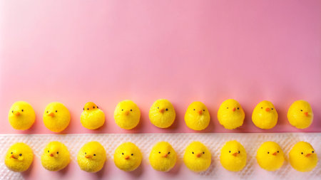 A row of yellow rubber ducklings on a pink background with a white stripe.の素材