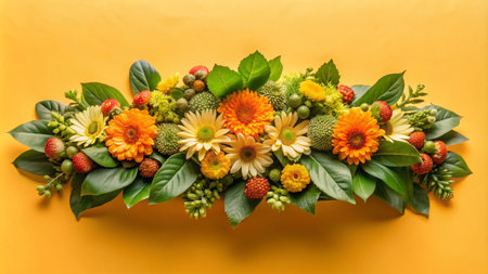 A vibrant arrangement of orange and yellow gerbera daisies, green leaves, and red berries on a yellow background.の素材