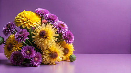 A vibrant bouquet of yellow and purple flowers arranged on a purple surface.の素材