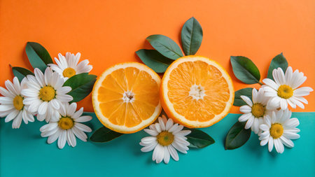 A vibrant composition featuring sliced orange fruit, white daisies, and green leaves against an orange and blue background.の素材