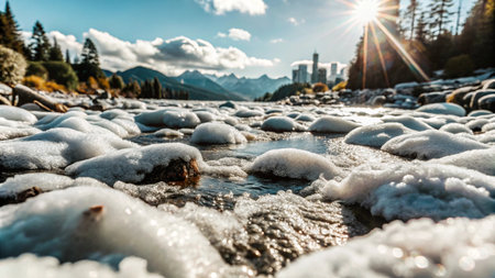 Close-up of snowy, rocky riverbed with a city skyline and mountains in the background.の素材