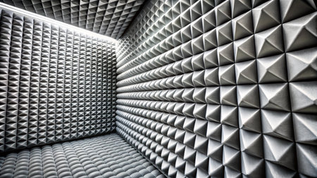 An empty soundproof room with grey acoustic foam panels.の素材