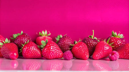 Close-up of fresh strawberries and raspberries on a white surface against a vibrant pink background.の素材