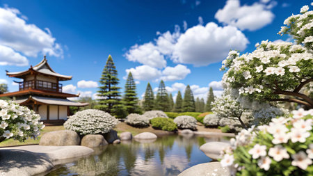 Tranquil Japanese garden with a traditional pagoda, a pond, and blooming white flowers under a blue sky.の素材