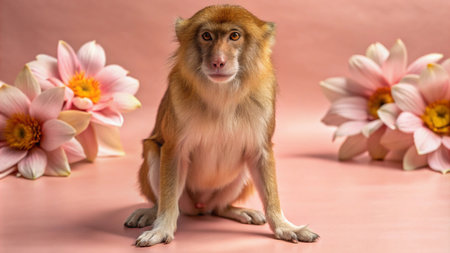 A curious monkey sits between two pink lotus flowers on a pink background.の素材