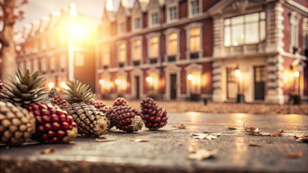 Golden and red pinecones on a stone surface with a blurred background of a city street with warm sunset light.の素材