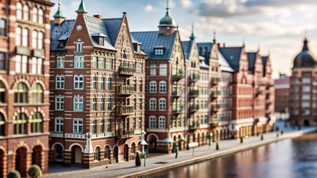 Colorful historic buildings line a canal in a European city.の素材