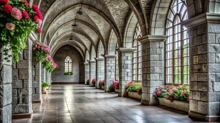 A long, arched hallway with stone walls, windows, and potted plants.の素材