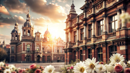 A picturesque view of a historic city square, bathed in warm sunset light, with flowers in the foreground.の素材