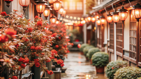 A narrow street in a traditional Japanese town, lined with lanterns and red flowers.の素材