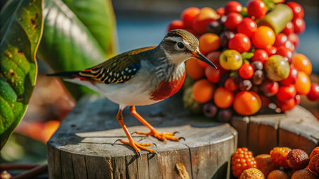 A small bird with colorful plumage stands on a tree stump in a garden, surrounded by various berries.の素材