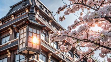 A traditional Japanese lamppost with a cherry blossom tree in the foreground, illuminated by the sun.の素材