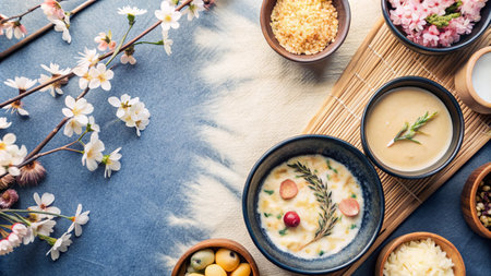 Flat lay of various ingredients for a sweet dessert dish with space for text.の素材