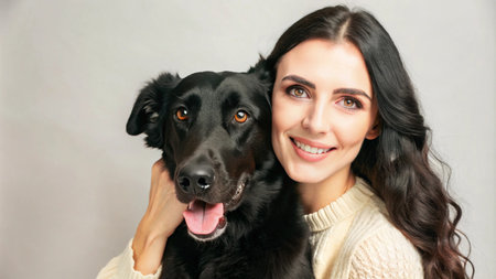 A young woman with long dark hair smiles warmly at the camera while holding her black dog close.の素材