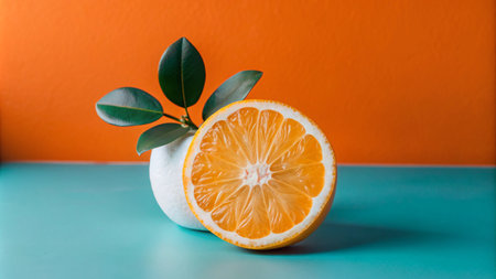 A half-cut orange with green leaves on a turquoise surface and a vibrant orange backdrop.の素材