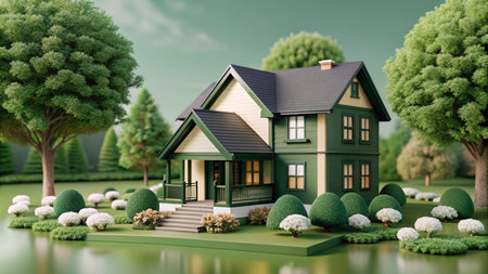 Green house with white trim, surrounded by lush greenery and a lake in a tranquil landscape.の素材