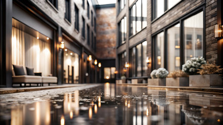 A narrow cobblestone alleyway with modern architecture and a reflecting pool of water.の素材
