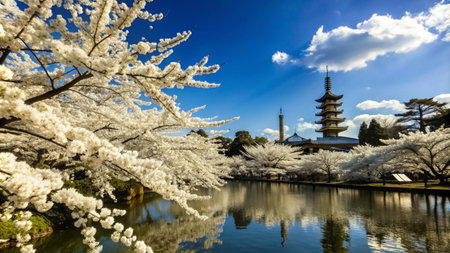 A traditional Japanese pagoda surrounded by cherry blossoms in full bloom, reflecting in a calm lake.の素材