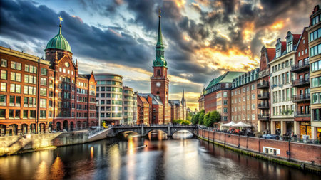 A scenic view of a canal in a city with a church steeple and historic buildings, under a dramatic cloudy sky.の素材