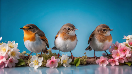 Three cute little birds perched on a branch with delicate pink and white flowers.の素材